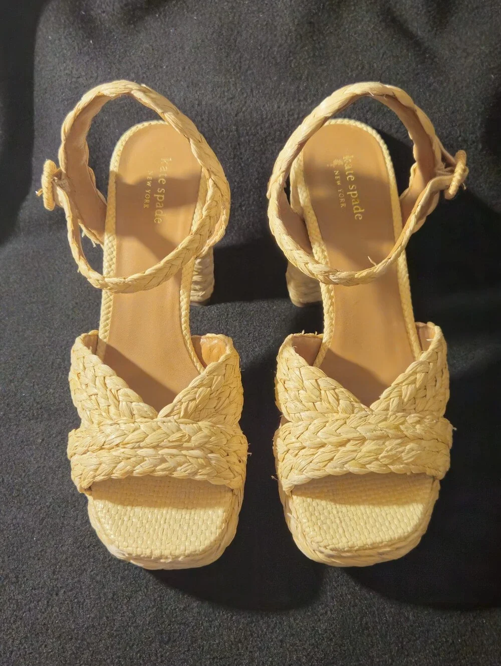 kate spade Tan Braided Raffia Platform Block-Heel Sandals - Size 9.5